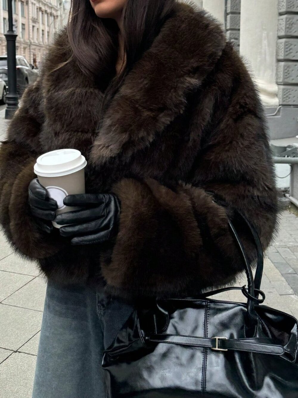 Mocha Brown Casual Women's Faux Fox Fur Coat - Picture 4 of 8